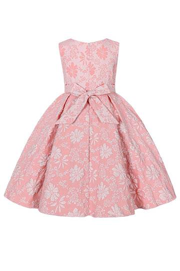 Bonito Pescoço Redondo Rosa Jacquard Vestido de Menina